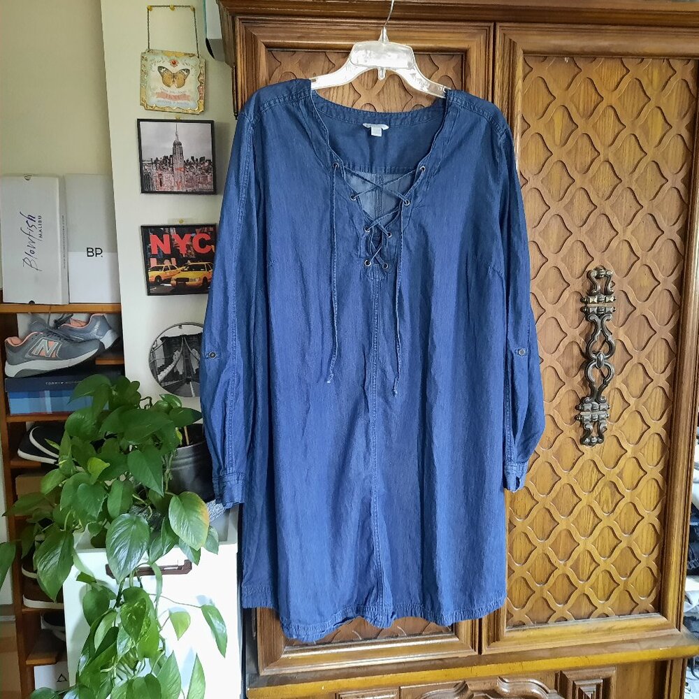 Cato Denim-Chambray Long Sleeve Lace-Up Neck Shift Shirt Dress - Size 22/24W